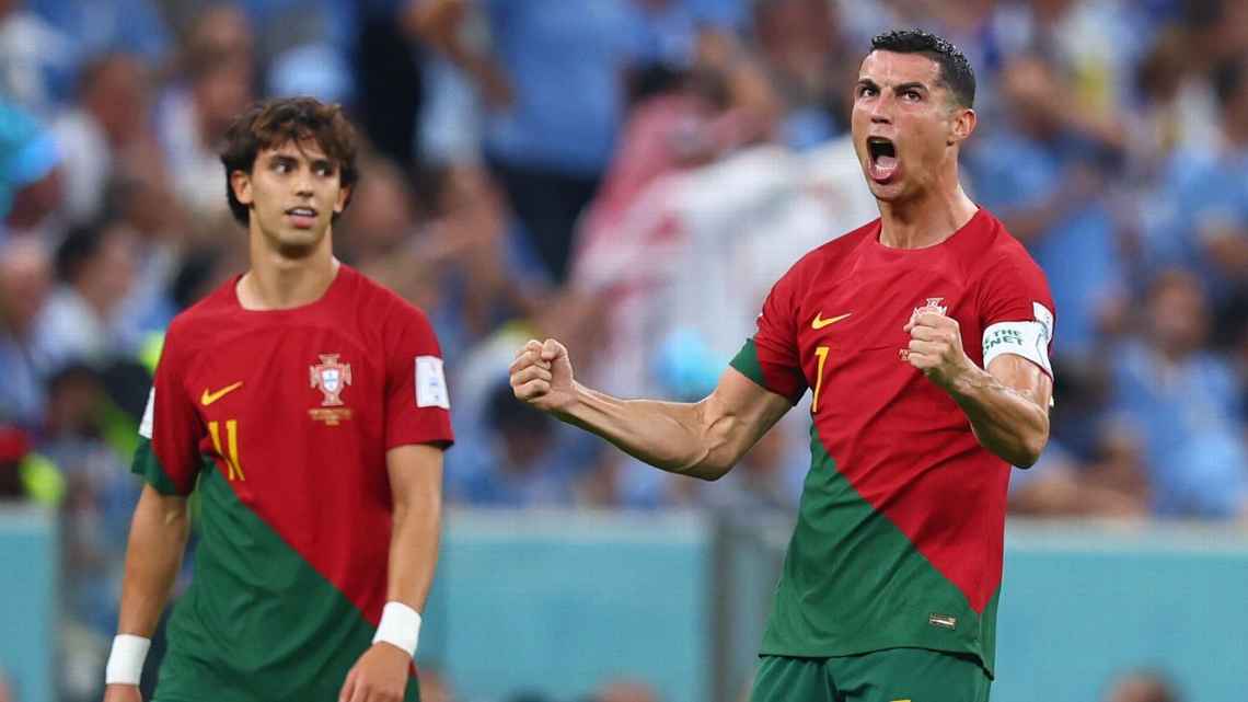 Cristiano Ronaldo celebrated like Bruno Fernandes' goal was his against Uruguay at the World Cup. Tom Weller/picture alliance via Getty Images