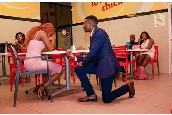 Makhosana Mguni (27) proposed to his girlfriend Belinda Nyoni (24) at Chicken Inn Drive Thru in Bulawayo
