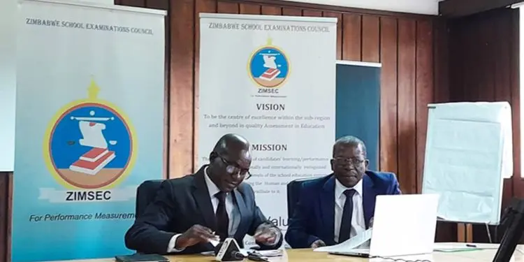 ZIMSEC director Dr Lazarus Nembaware (left) and ZIMSEC board chairperson Professor Eddie Mwenje (right) announcing the release of the 2022 A-Level results [Image: Herald/Zimpapers Digital]