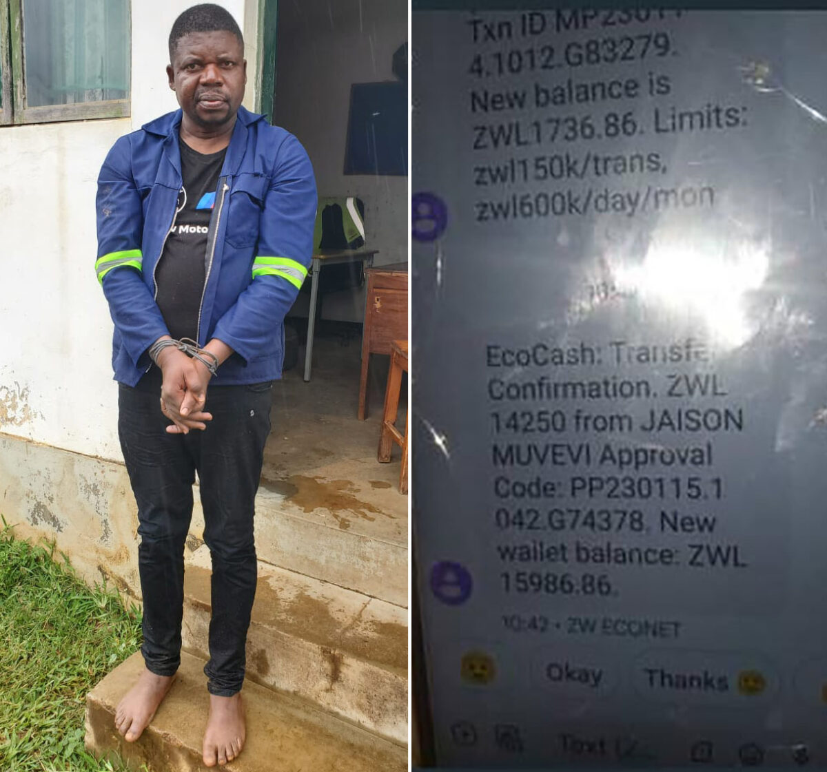 Hunted down … Jaison Muvevi following his arrest (left), and the EcoCash payment the fugitive made in Mutare while buying a work suit