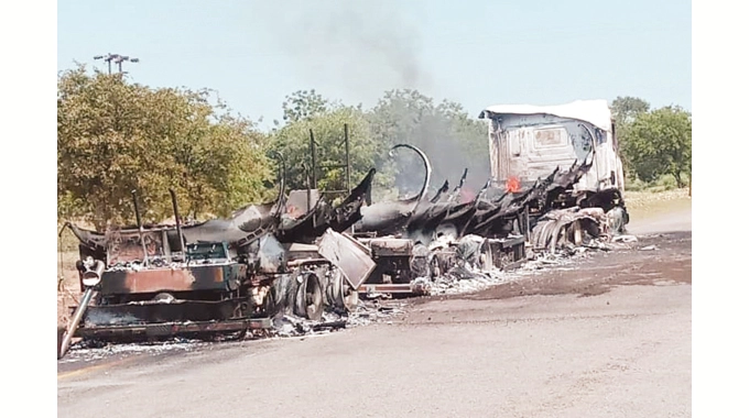 A Bulawayo-bound truck carrying 32 tonnes of sulphate from South Africa caught fire after it developed a mechanical fault along the Beitbridge to Bulawayo Road yesterday. - Picture: Civil Protection Committee