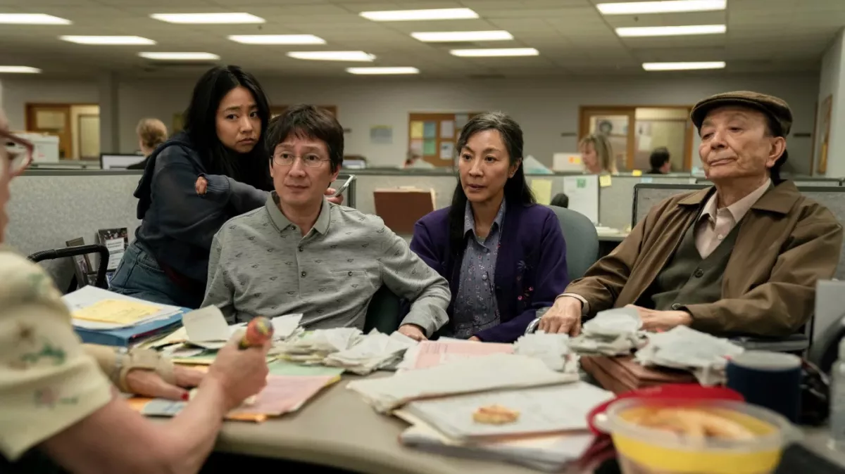 Stephanie Hsu, Ke Huy Quan, Michelle Yeoh and James Hong in "Everything Everywhere All At Once." (Image credit: A24)