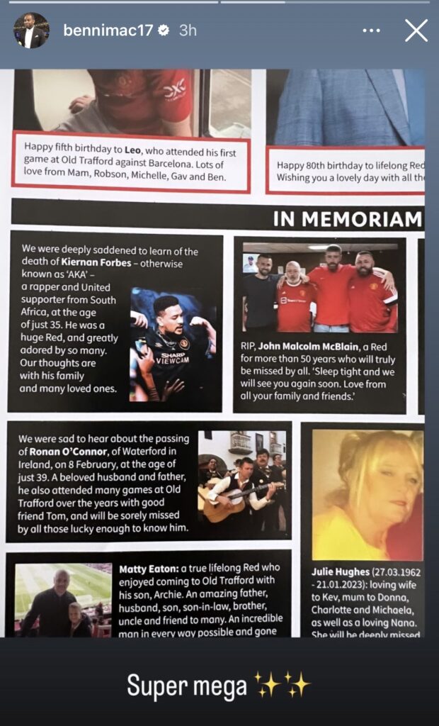 AKA in the obituary section of the Man United Match Programme.[Image Credit: Benni McCarthy/Instagram/The South African]