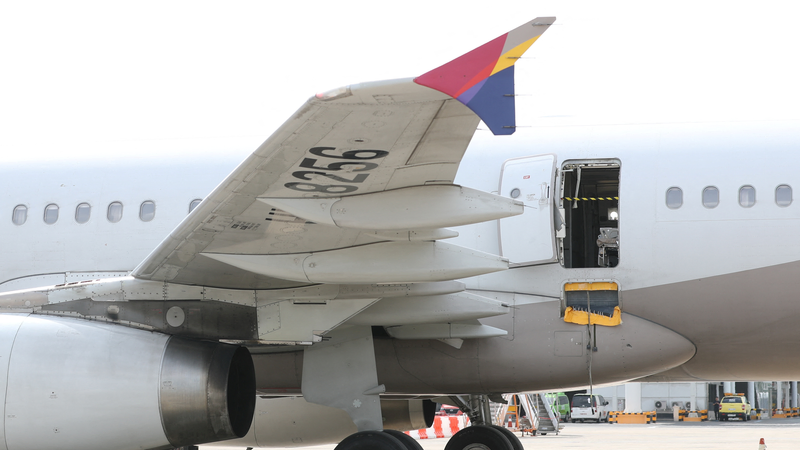 Asiana Airlines' Airbus A321 plane, of which a passenger opened a door on a flight shortly before the aircraft landed, is pictured at an airport in Daegu, South Korea. Picture: Yonhap via Reuters