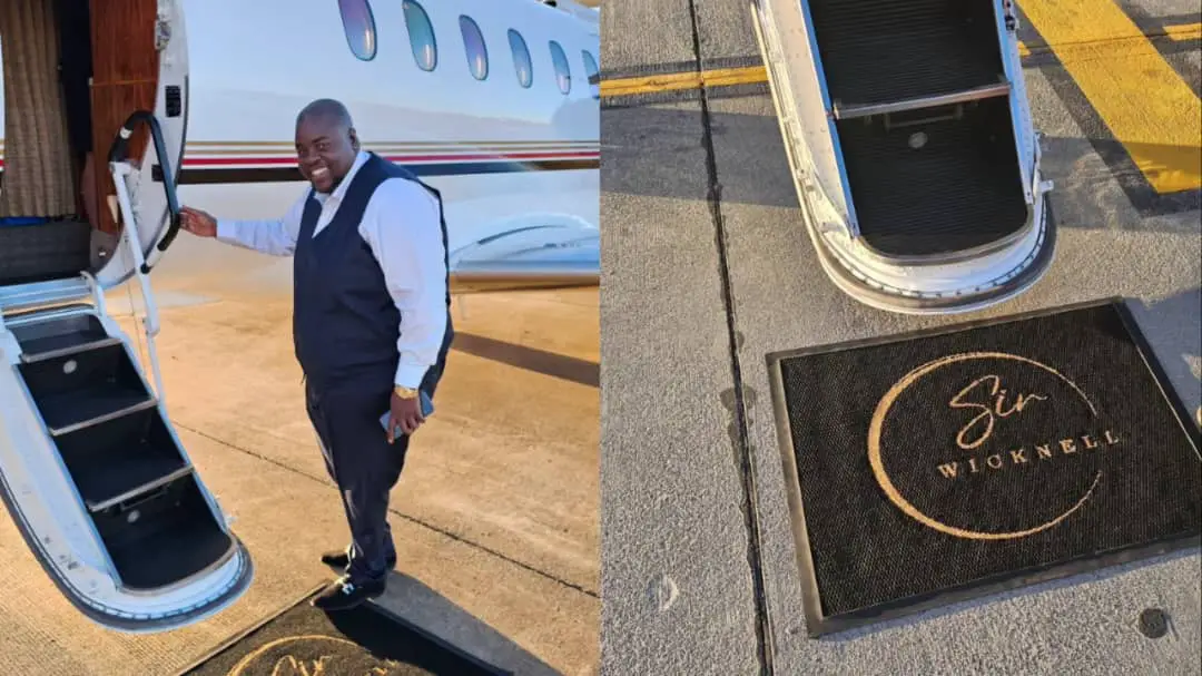 Wicknell Chivayo standing outside his private jet (Image: Wicknell Chivayo/Instagram)