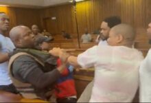 Three of the Senzo Meyiwa accused — Mthobisi Mncube, Mthokoziseni Maphisa, and Fisokuhle Ntuli — were involved in a scuffle with a prison warden during the tea break. Picture: Screenshot/NewzroomAfrika