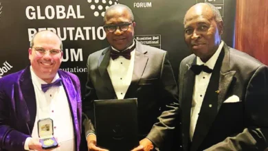 Mr Harry Sardinas, a leadership and business coach and real estate consultant, poses with Zimbabwe’s Ambassador to the United Kingdom Christian Katsande (right) and Minister of Finance Prof Mthuli Ncube after the minister scooped an award at a Global Reputation Forum and Reputable Bank and Fintech Awards in London on Saturday (Image: Prof. Mthuli Ncube).