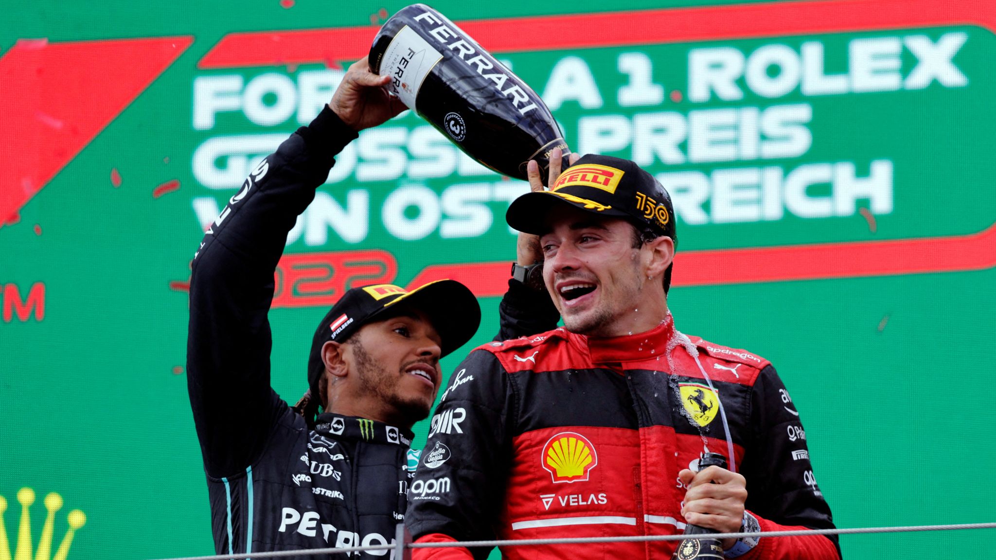 Lewis Hamilton and Ferrari's Charles Leclerc. Pic: Reuters