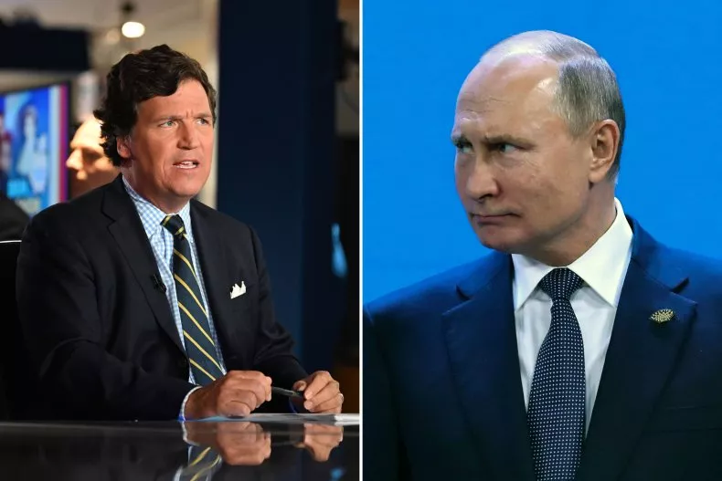 Tucker Carlson's interview with Russian President Vladimir Putin, right, could see the conservative pundit targeted by European Union lawmakers, current and former members of the European Parliament have told Newsweek.