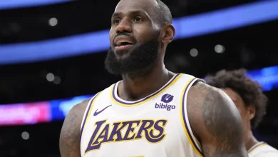 Los Angeles Lakers forward LeBron James looks toward fans after scoring during the second half of an NBA basketball game against the Denver Nuggets Saturday, March 2, 2024, in Los Angeles.